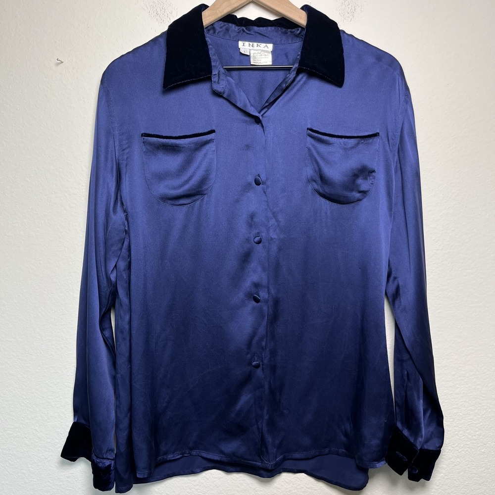 Inka Women Silk Velour Button Front Shirt Large Blue Luxury Minimalist Lagenlook